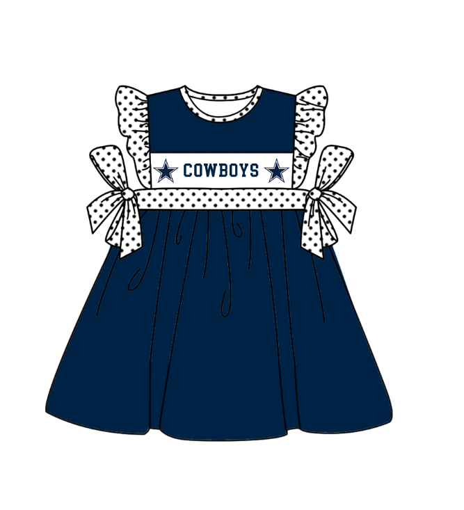 Preorder (moq 5)Baby Girls Polka Dots Flutter Sleeve Cowboys Team Knee Length Dresses