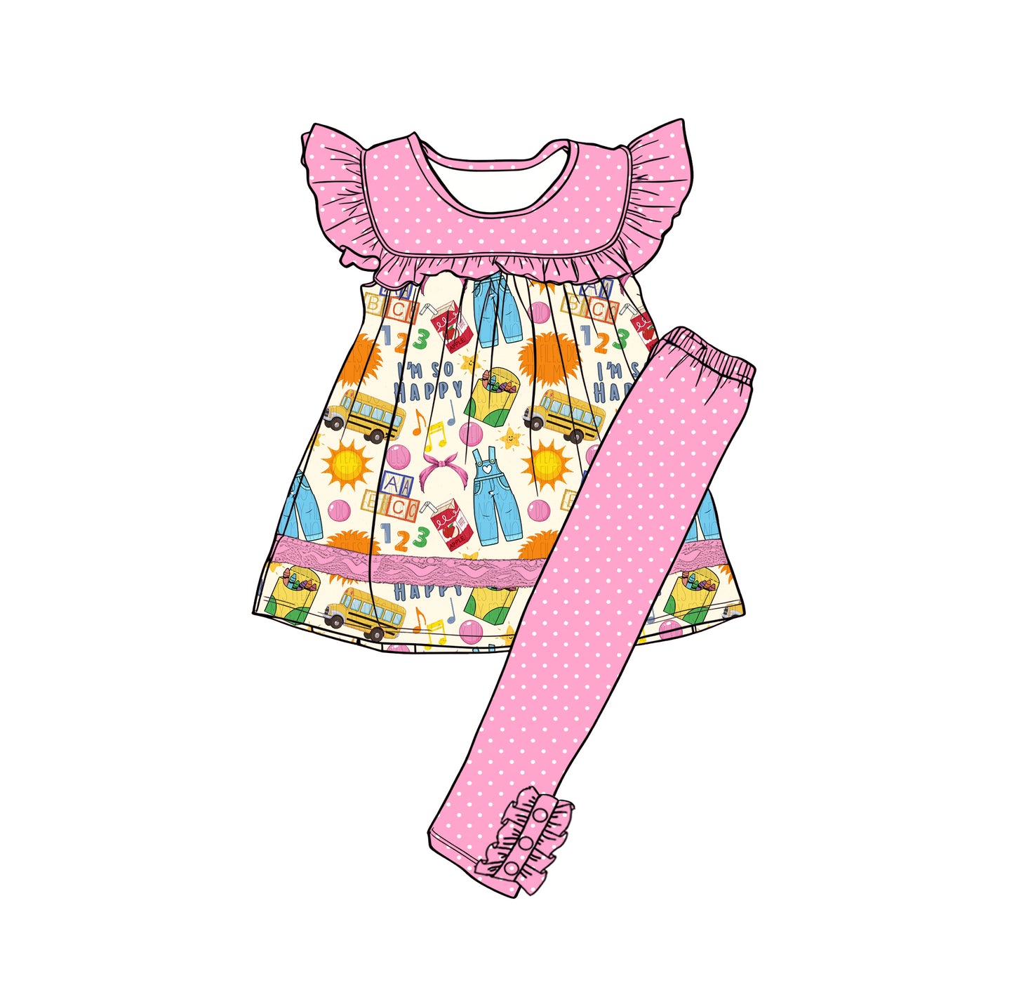 Preorder (moq 5)Baby Girls ABC Pencils Tunic Polka Dots Leggings Back to School Clothes Sets