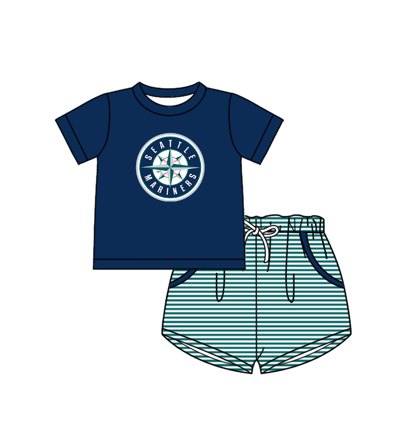 Preorder (moq 5)Baby Boys Seattle Mariners Shirt Top Pockets Stripe Short Team Clothes Set