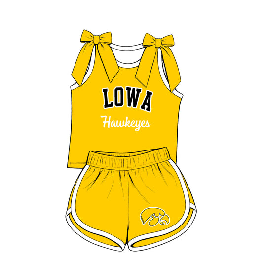 Preorder (moq 5) Baby Girls Yellow Bows Lowa Hawkeyes Vest Short Team Clothes Set