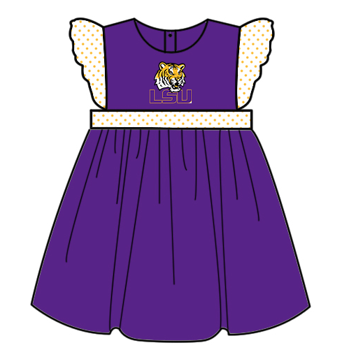 Preorder moq 5 Baby Girls Flutter Sleeve LSU Tigers Team Knee Length Dresses