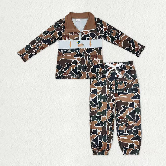 Baby Boys Dark Brown Camo Embroidery Duck Calls Zip Pullover Pockets Joggers Hunting Clothes Sets