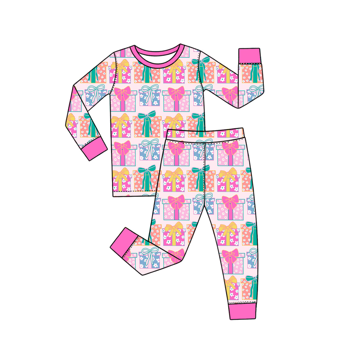 Preorder (moq 5) Baby Girl Clothes Gift Box Bow Print Long Sleeve Top Pants Pajama Set