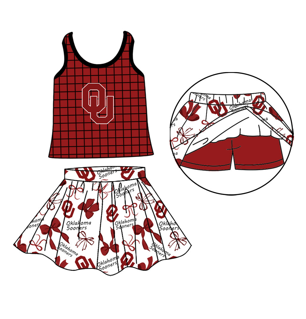 Preorder (moq 5)Baby Girls Red Checked OU Top Bows Skirt Short Team Clothes Set