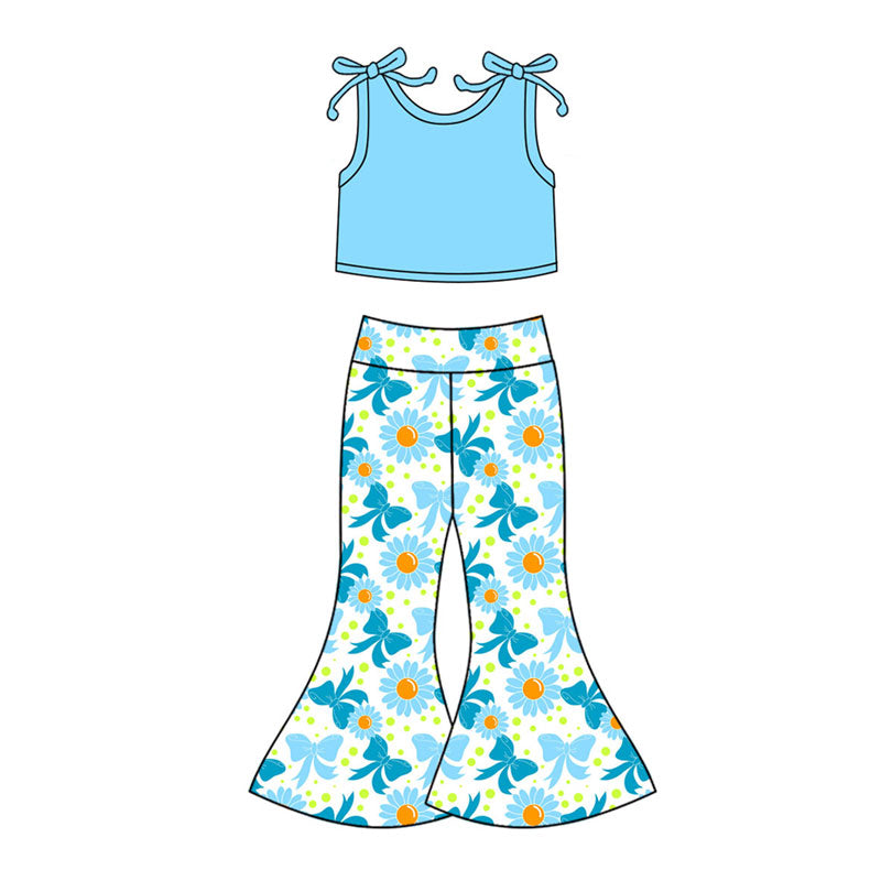 Preorder(moq 5) Baby Girls Blue Vest Shirts Top Bows Daisy Bell Bottom Clothes Sets