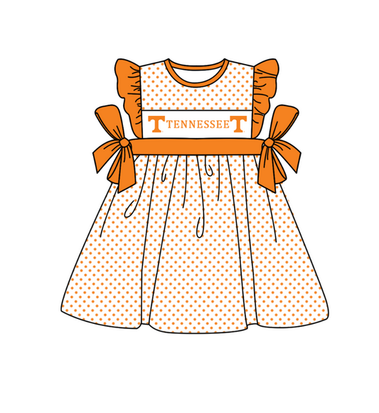 Preorder (moq 5)Baby Girls Flutter Sleeve Polka Dots Tennessee Team Knee Length Dresses