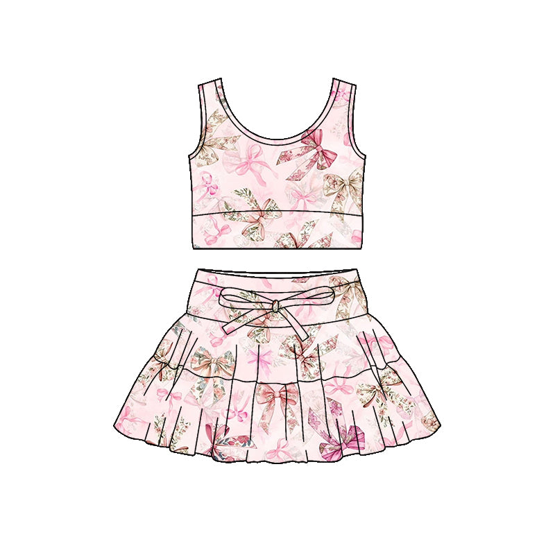 Preorder (moq 5)Baby Girls Pink Flowers Bows Vest Top Ruffle Skirt Short Clothes Sets