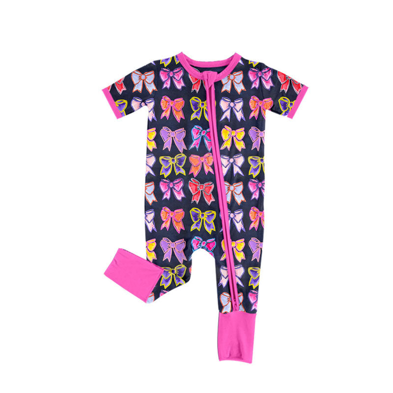 Preorder (moq 5)Baby Girls Colorful Bows Plaid Zipper Footie Rompers