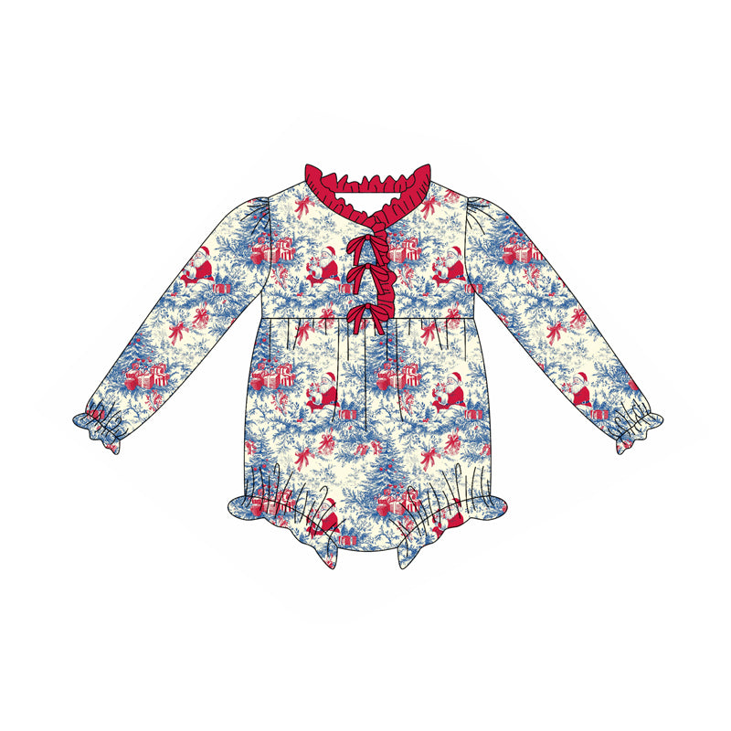Preorder(moq 5)Baby Girls Red Santa Floral Plaid Button Ruffle Rompers