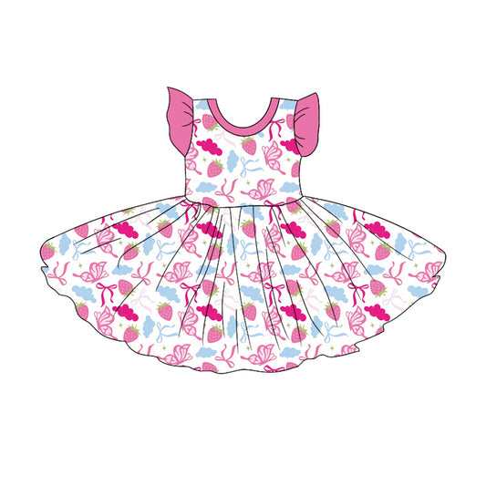 Preorder (moq 5)Baby Girls Strawberry Bows Flutter Sleeve Knee Length Dresses
