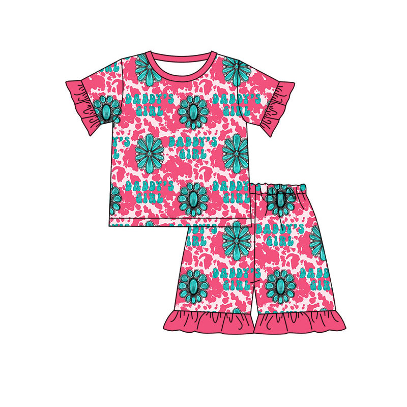 Preorder (moq 5)Baby Mama's Girl Turquoises Cow Print Top Ruffle Shorts Western Pajamas Sets