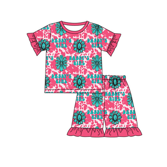 Preorder (moq 5)Baby Mama's Girl Turquoises Cow Print Top Ruffle Shorts Western Pajamas Sets