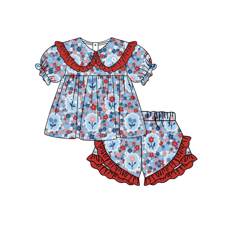 Preorder moq 5 Baby Girls Bows Flowers Collar Tunic Ruffle Shorts Clothes Set