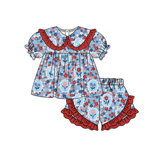 Preorder moq 5 Baby Girls Bows Flowers Collar Tunic Ruffle Shorts Clothes Set
