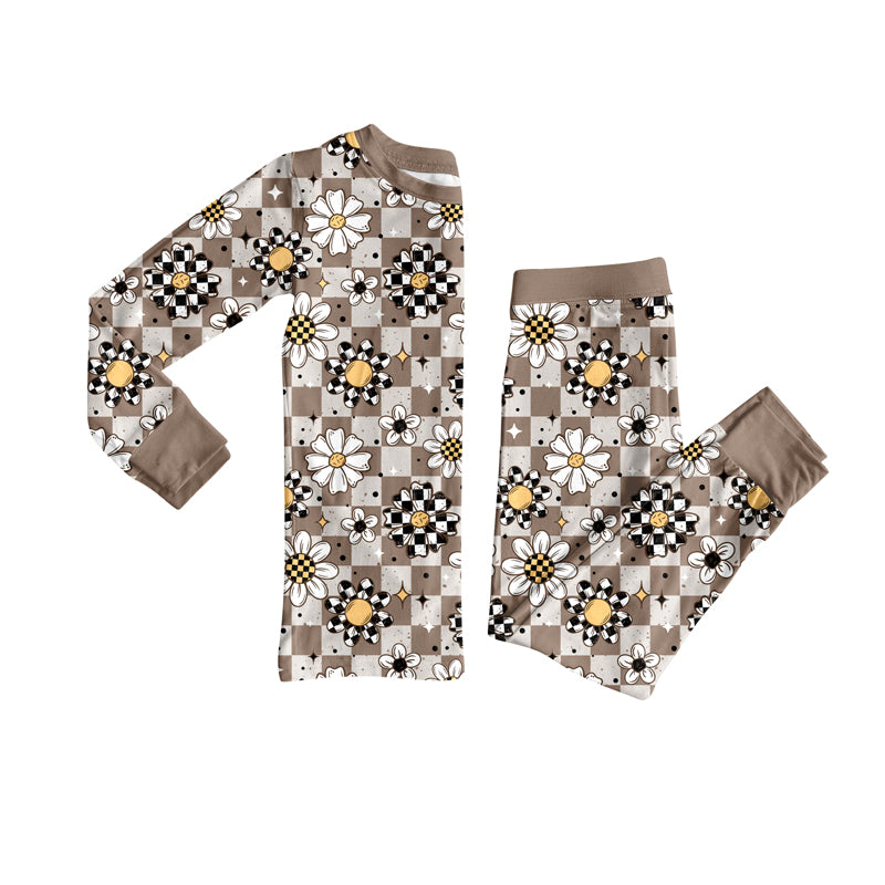 preorder(moq 5) Baby Girls Long Sleeves Khaki Flowers Plaid Top Pants Pajamas Set