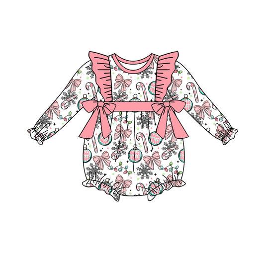 Preorder (moq 5)Baby Girls Long Sleeve Bows Candy Cane Christmas Ruffle Rompers