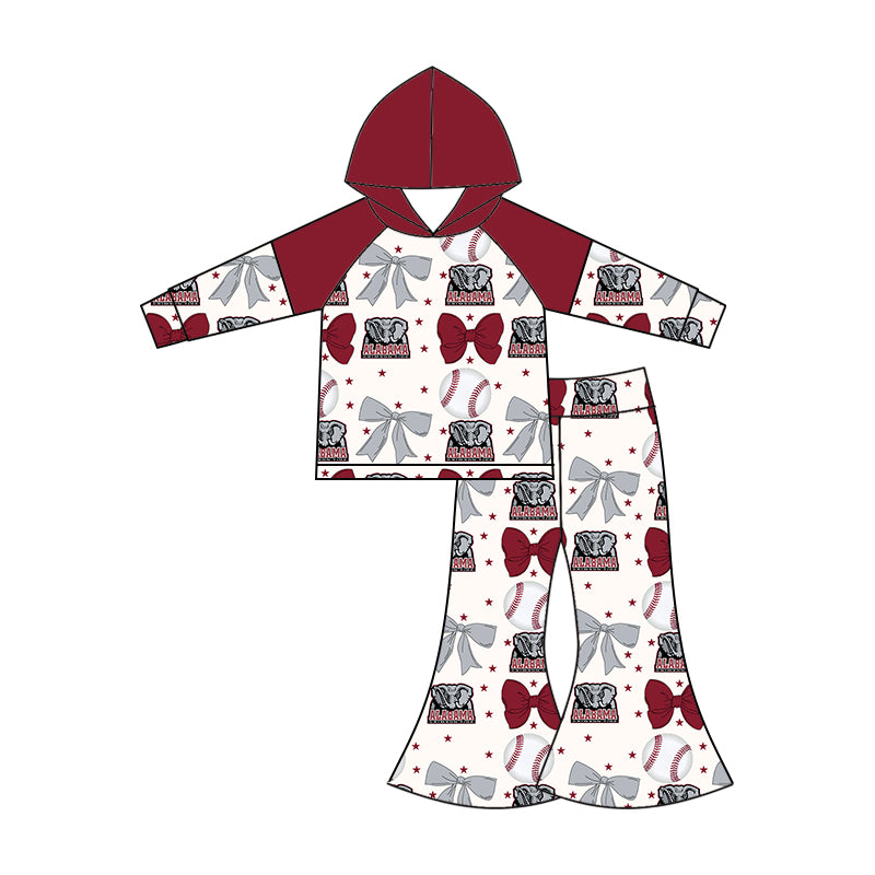 Preorder (moq 5)Baby Girls Long Sleeves Baseballs Bows Alabama Hoodie Top Bell Bottom Pant Team Set