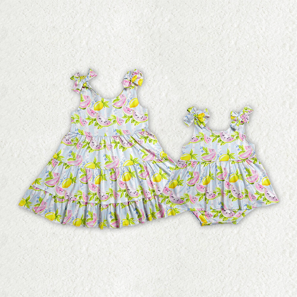 Sibling Baby Girls Lemons Watermelons Strap Ruffle Knee Length Dress Tunic Bummies Rompers