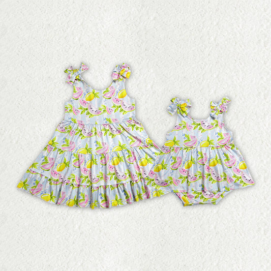 Sibling Baby Girls Lemons Watermelons Strap Ruffle Knee Length Dress Tunic Bummies Rompers