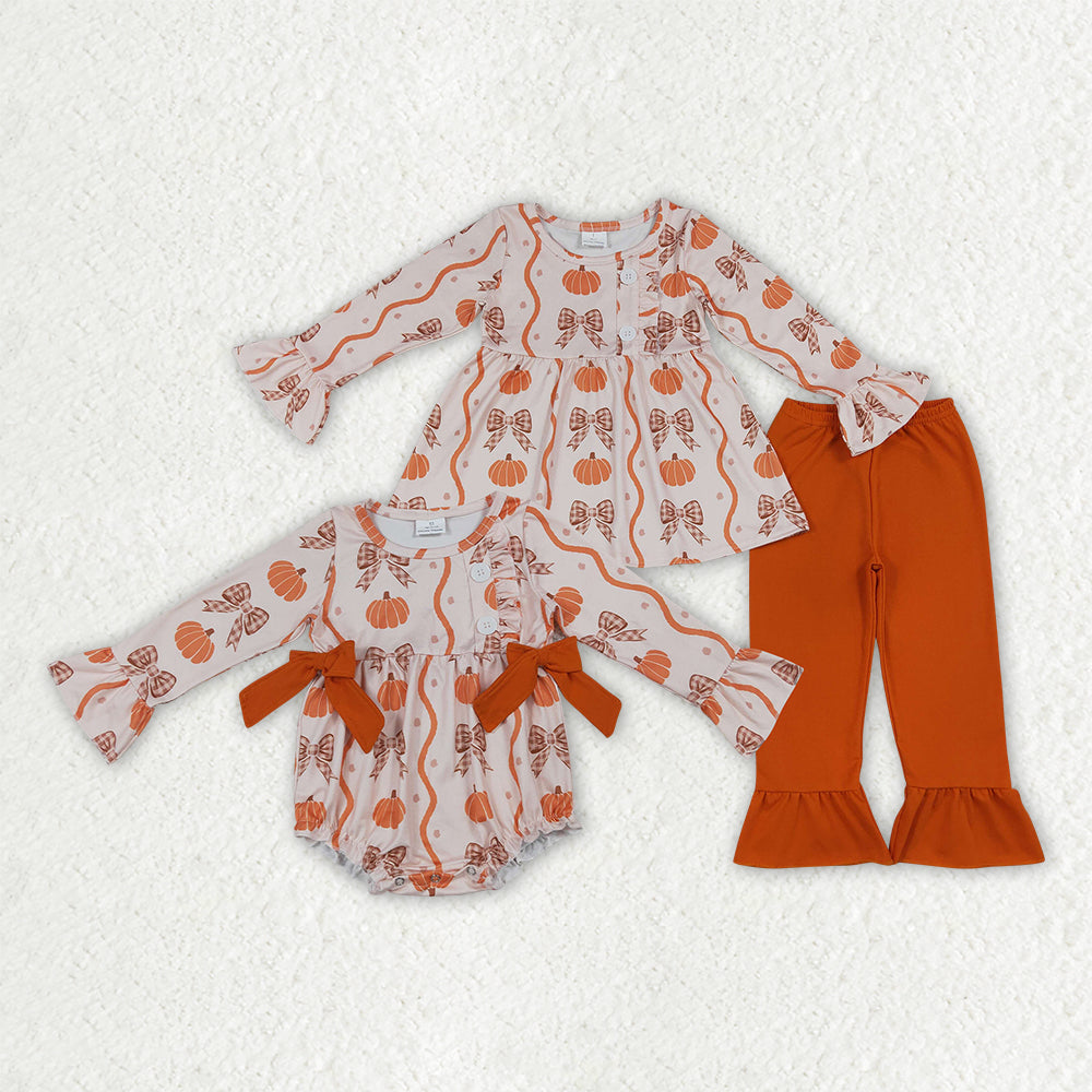 Sibling Baby Girls Bows Pumpkins Button Tunic Ruffle Pants Fall Clothes Set Rompers