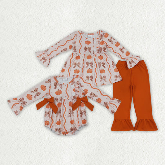 Sibling Baby Girls Bows Pumpkins Button Tunic Ruffle Pants Fall Clothes Set Rompers