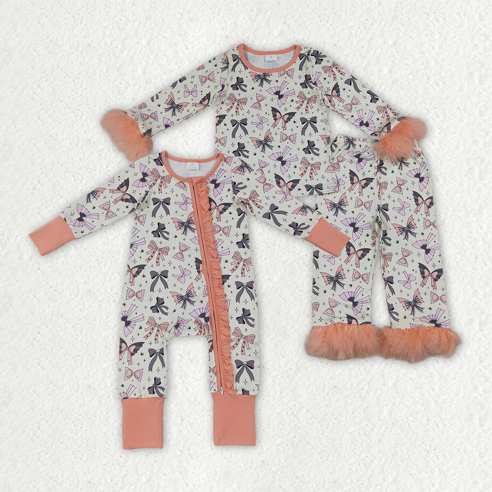 Sibling Baby Girls Ghost Bows Fur Sleeves Pant Halloween Pajamas Set Ruffle Zip Rompers
