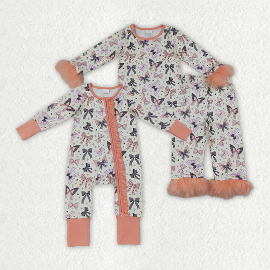 Sibling Baby Girls Ghost Bows Fur Sleeves Pant Halloween Pajamas Set Ruffle Zip Rompers