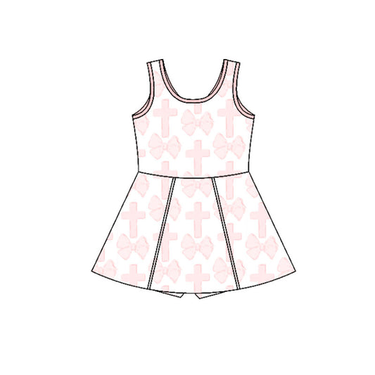 Preorder(moq 5) Baby Girls Sleeveless Pink Bows Crosses Shorts Knee Length Dresses