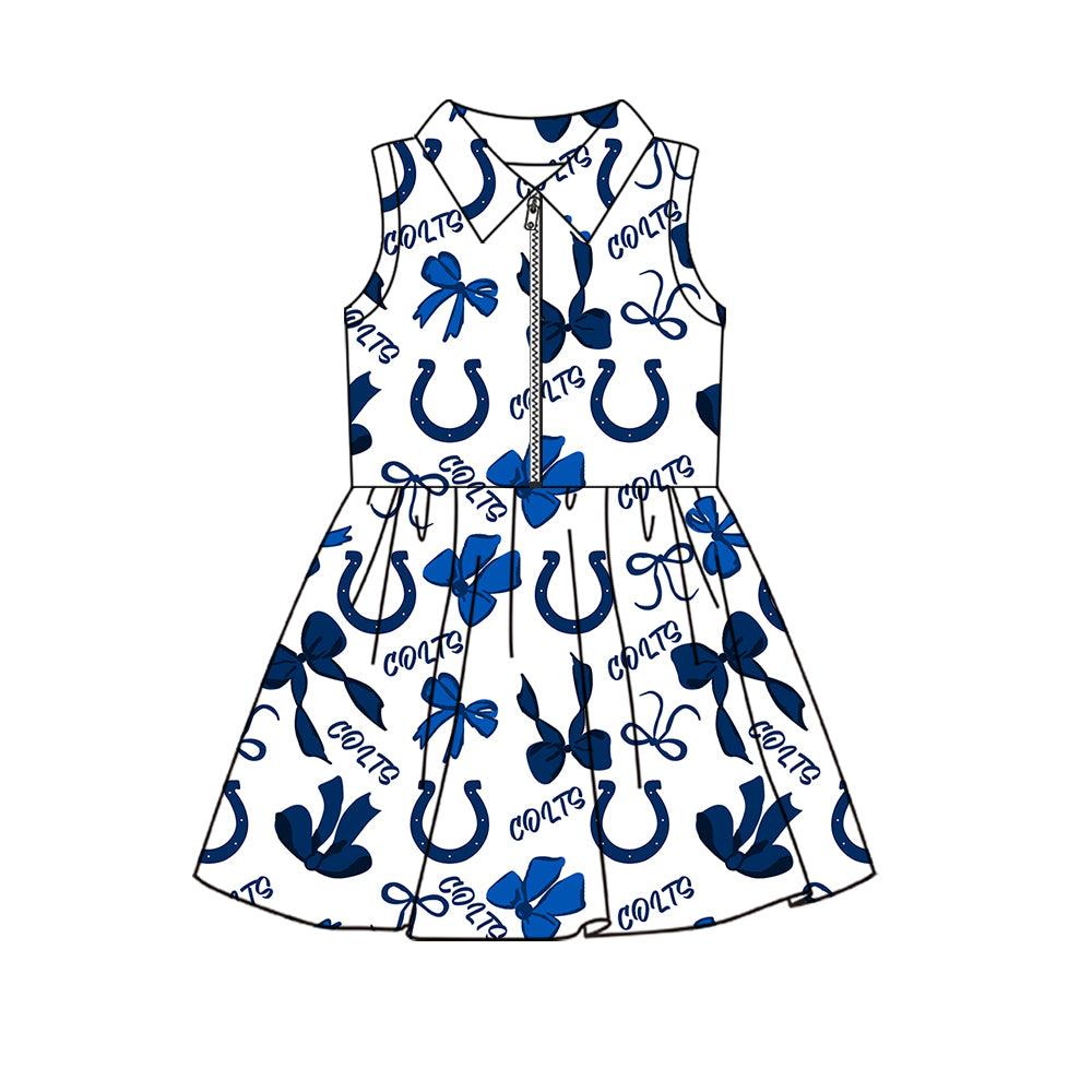 Preorder (moq 5)Baby Girls Sleeveless Bows Colts Team Zip Short Knee Length Dress