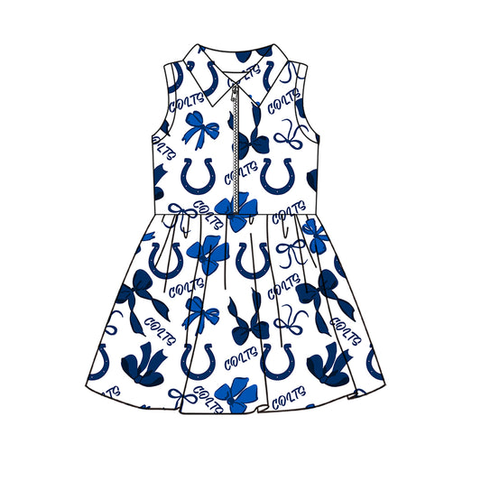 Preorder (moq 5)Baby Girls Sleeveless Bows Colts Team Zip Short Knee Length Dress