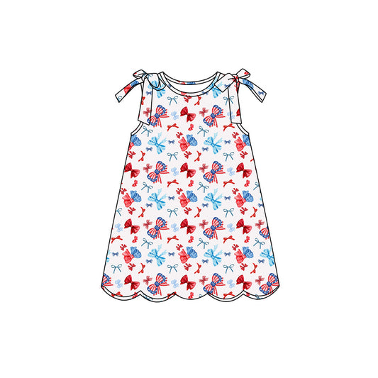Preorder (moq 5)Baby Girls Red Blue Bows Plaid 4th of July Scallop Knee Length Dresses