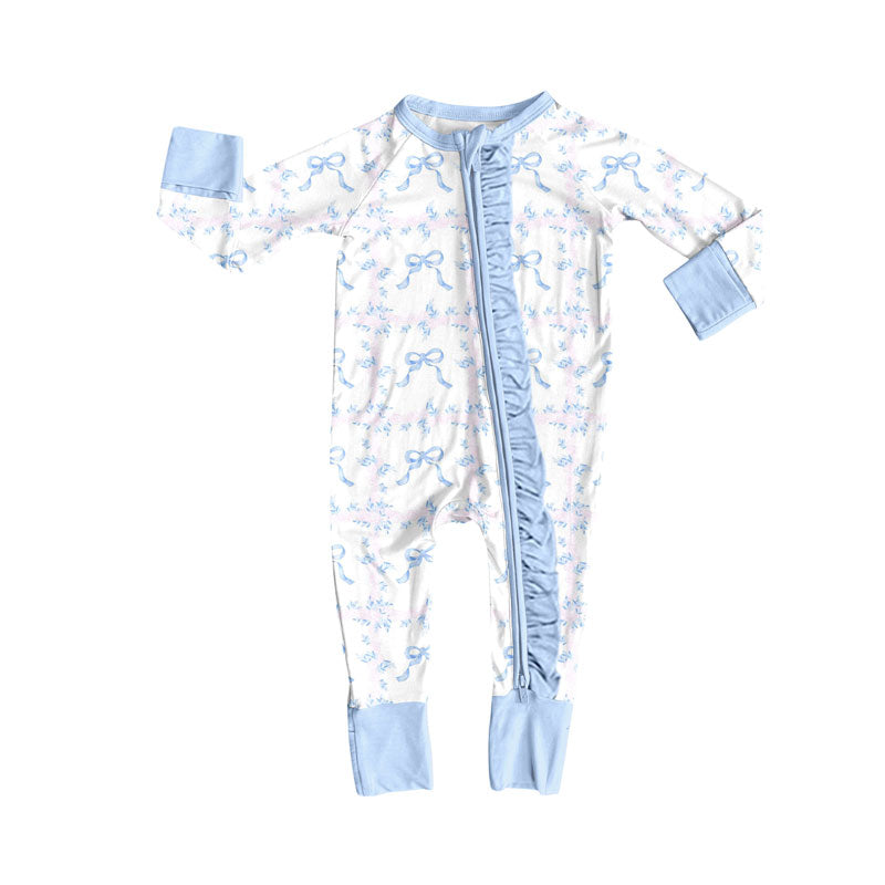 Preorder (moq 5)Baby Girls Blue Flowers Bows Ruffle Zipper Footie Rompers
