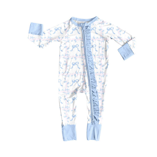 Preorder (moq 5)Baby Girls Blue Flowers Bows Ruffle Zipper Footie Rompers