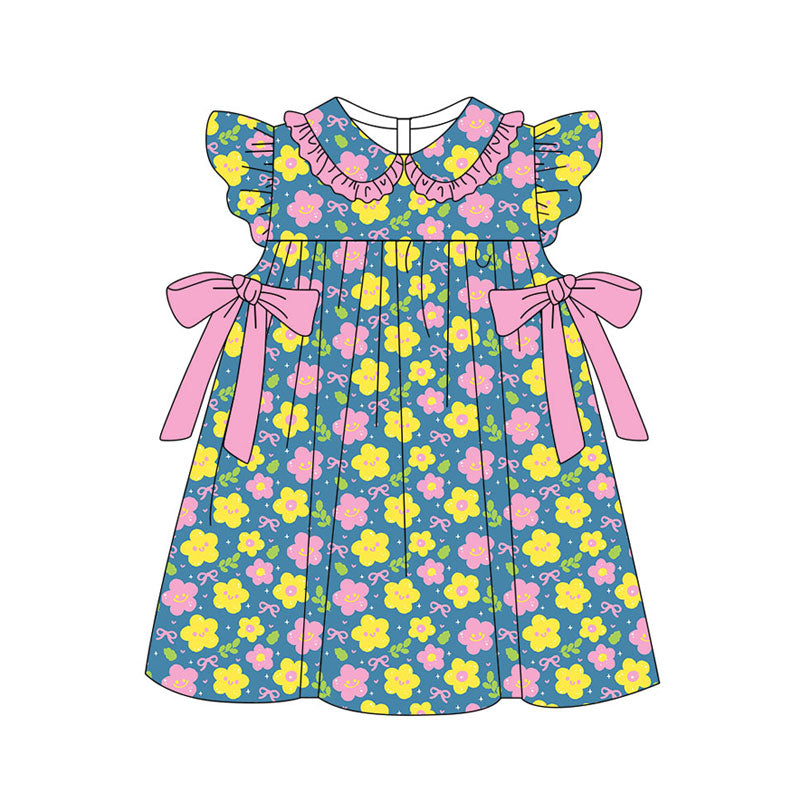 Preorder(moq 5) Baby Girls Pink Yellow Flower Bows Ruffle Collar Knee Length Dresses