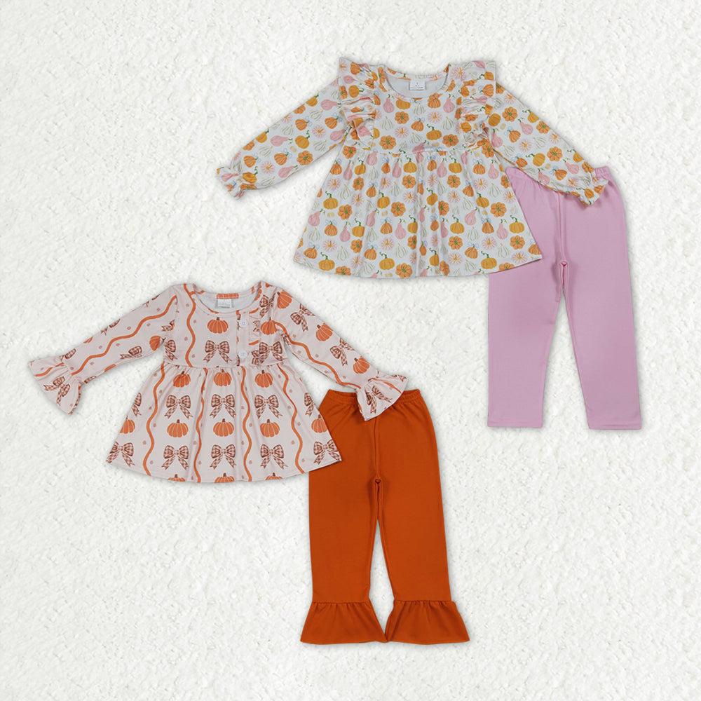 Sibling Baby Girls Bows Flowers Pumpkins Tunic Ruffle Pant Fall Clothes Sets