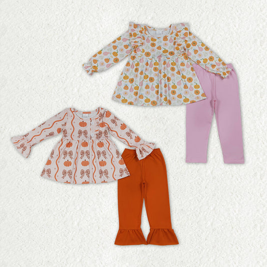 Sibling Baby Girls Bows Flowers Pumpkins Tunic Ruffle Pant Fall Clothes Sets