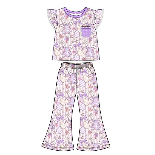 Preorder (moq 5) Baby Girl Clothes Easter Bunny Egg Stripe Print Flutter Sleeve Flare Pant Set