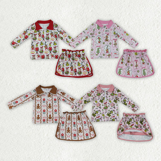 Sibling Baby Girls Long Sleeve Zip Pullovers Skirt Short Christmas Clothes Sets