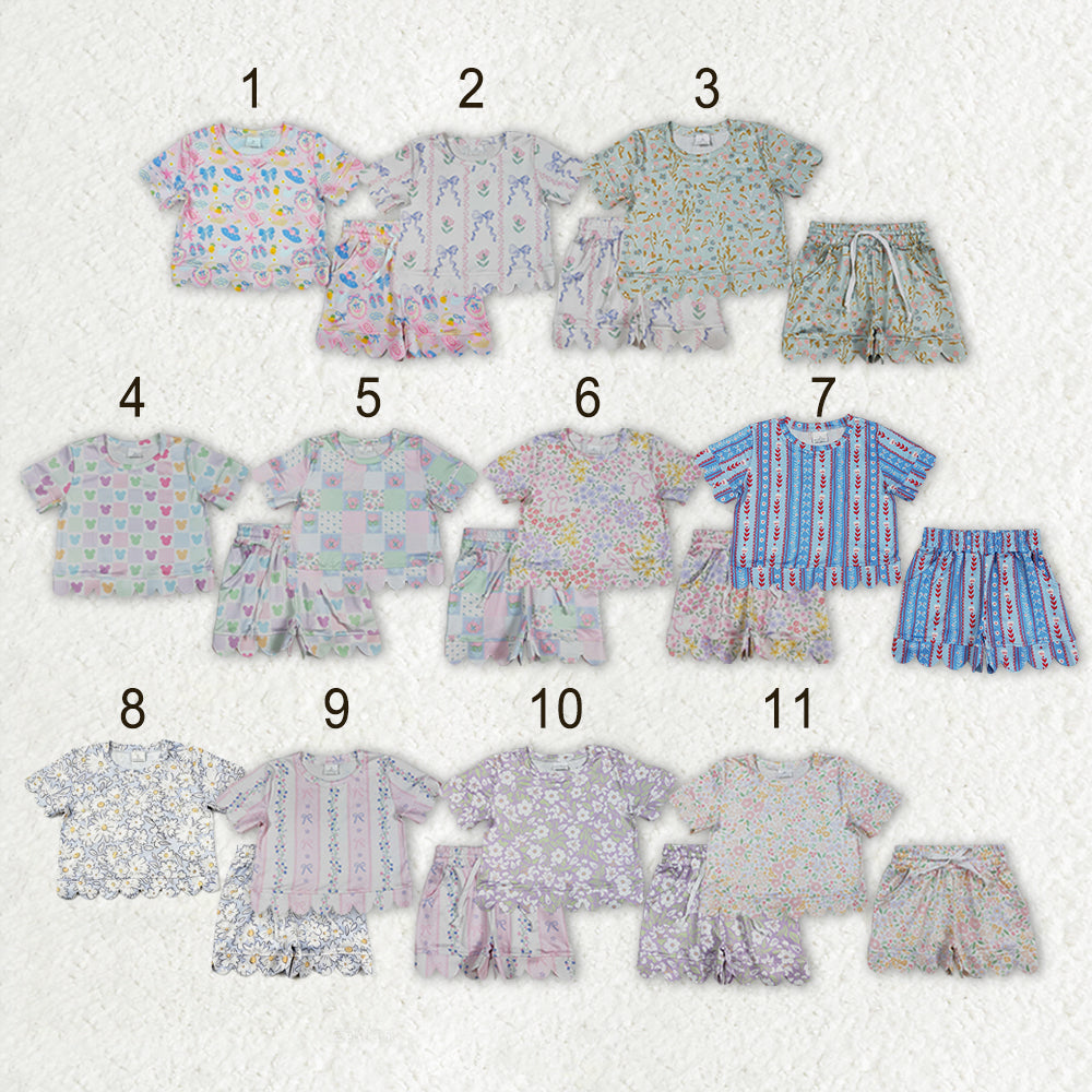 Sibling Baby Girls Colorful Flowers Top Pockets Shorts Scallop Clothes Sets
