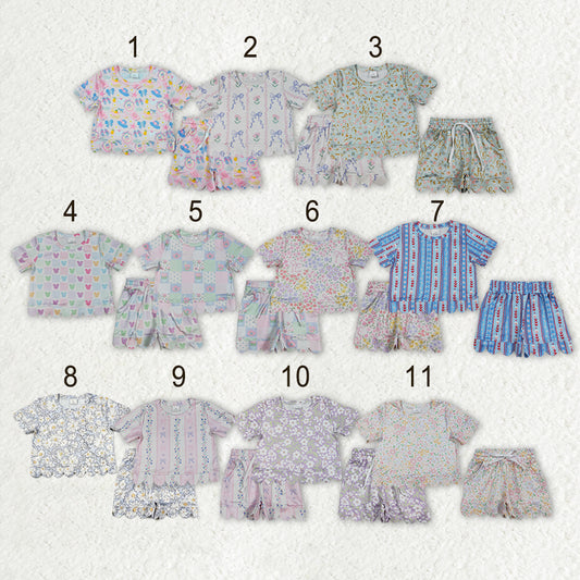 Sibling Baby Girls Colorful Flowers Top Pockets Shorts Scallop Clothes Sets