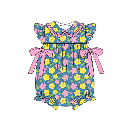 Preorder (moq 5)Baby Girls Pink Yellow Flower Bows Ruffle Collar Rompers