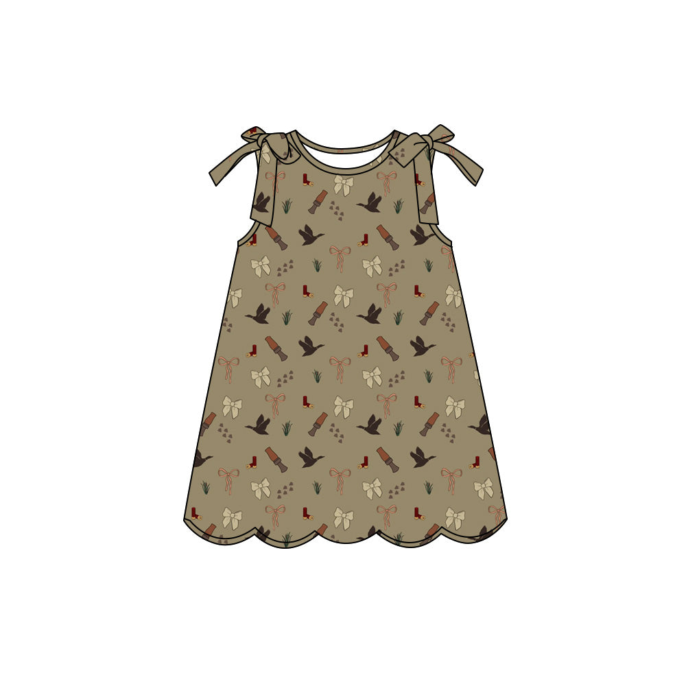 Preorder (moq 5)Baby Girls Sleeveless Bows Duck Calls Hunting Scallop Knee Length Dresses