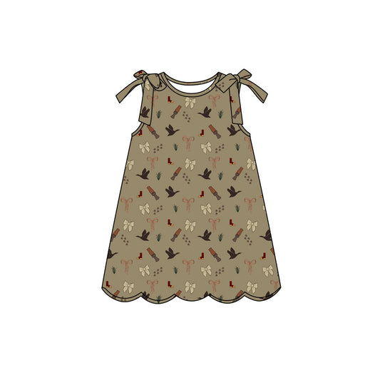 Preorder (moq 5)Baby Girls Sleeveless Bows Duck Calls Hunting Scallop Knee Length Dresses