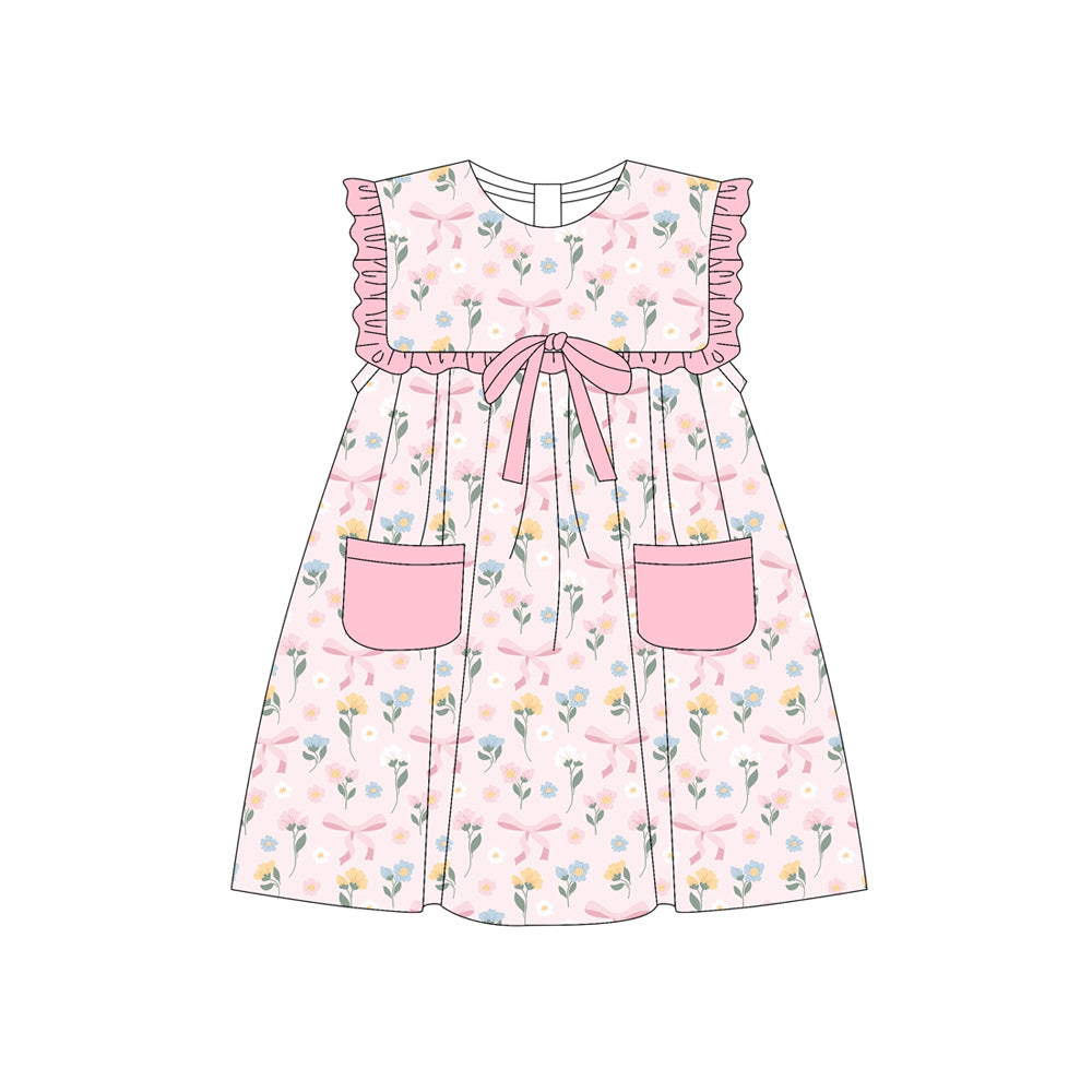 Preorder (moq 5)Baby Girls Sleeveless Colorful Flowers Bows Pockets Knee Length Dresses