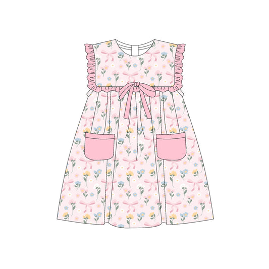 Preorder (moq 5)Baby Girls Sleeveless Colorful Flowers Bows Pockets Knee Length Dresses
