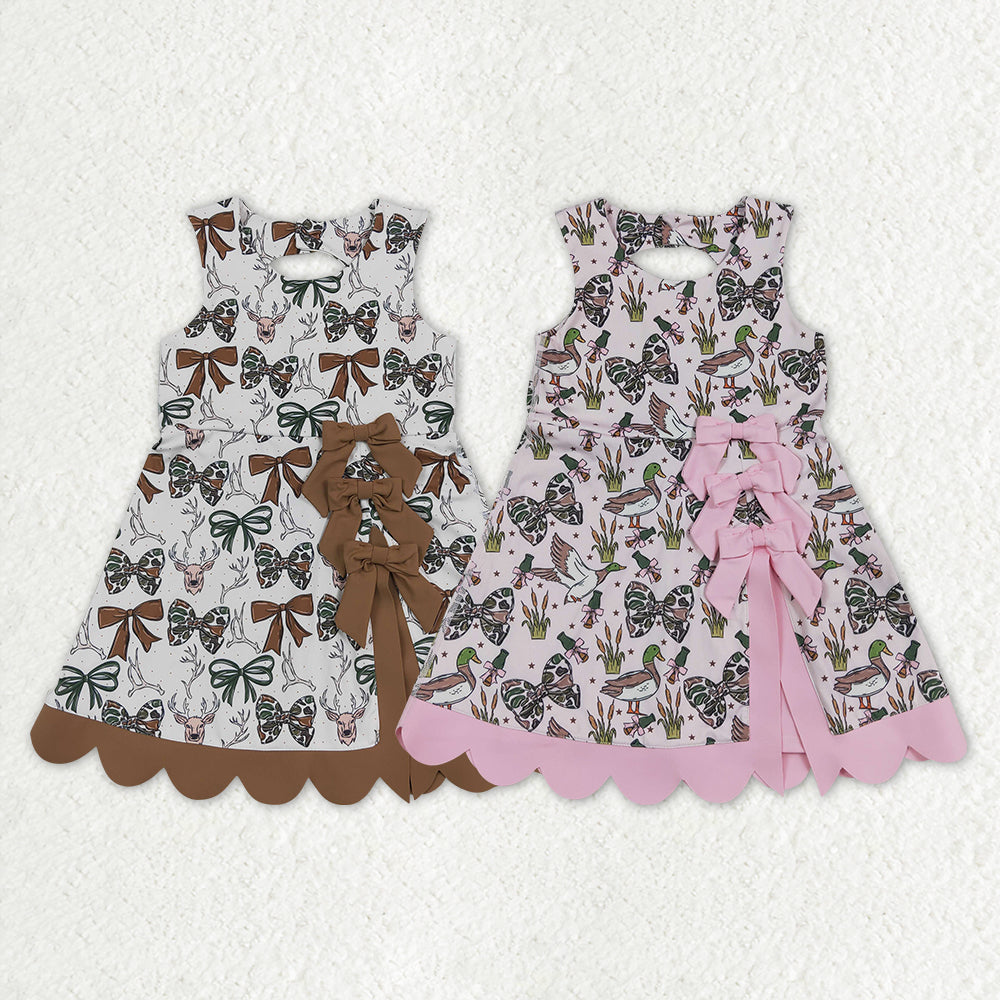 Sibling Baby Girls Camo Bows Ducks Yoga Active Short Bow Scallop Knee Length Dresses