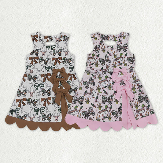 Sibling Baby Girls Camo Bows Ducks Yoga Active Short Bow Scallop Knee Length Dresses