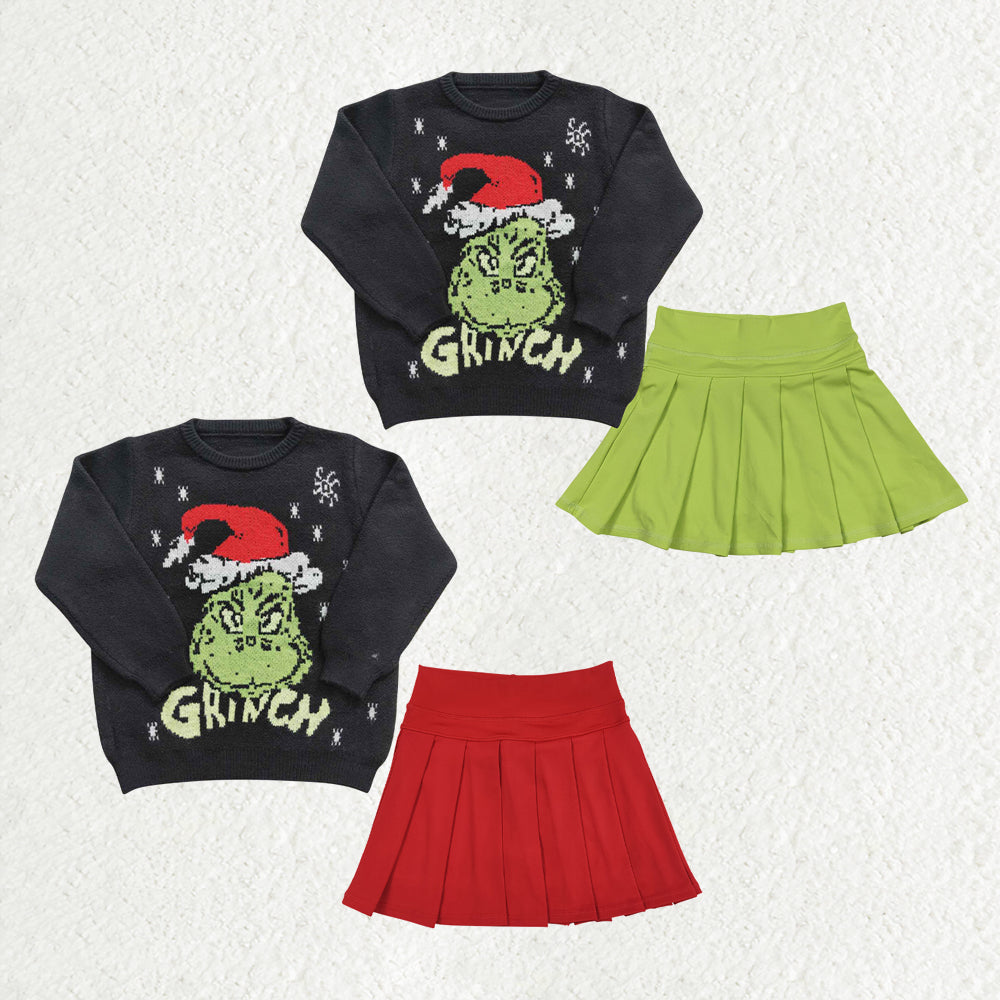Sibling Baby Girls Christmas Frog Woolen Sweaters Top Yoga Active Pleated Skirt Short Clothes Set
