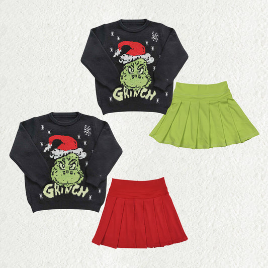 Sibling Baby Girls Christmas Frog Woolen Sweaters Top Yoga Active Pleated Skirt Short Clothes Set