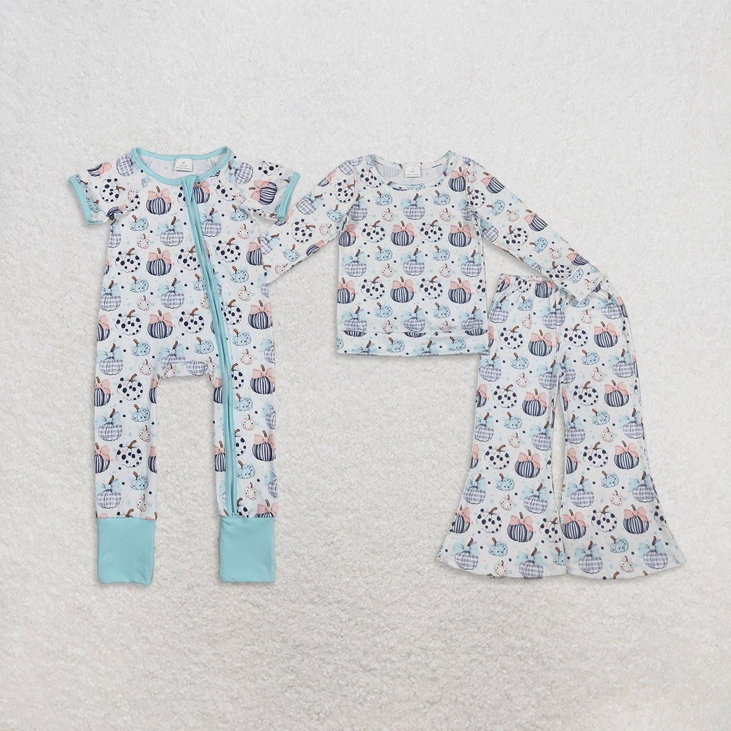 Sibling Baby Girls Bows Pumpkins Top Flare Pants Fall Clothes Set Zip Rompers